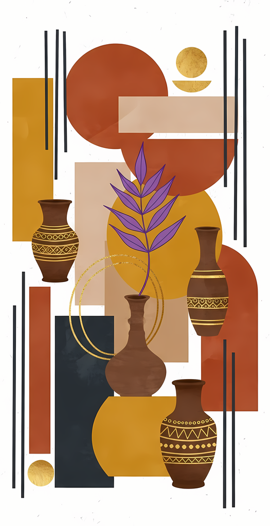 Boho Minimalist Art Bundle Abstract Leaves and Vases in Hues of Purple and Mauve. The designs combine geometric shapes with organic elements, creating a modern yet earthy feel. The color palette is centered around rich, warm tones for a contemporary boho