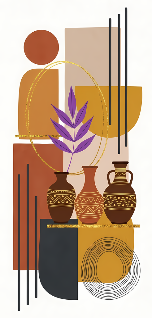 Boho Minimalist Art Bundle Abstract Leaves and Vases in Hues of Purple and Mauve. The designs combine geometric shapes with organic elements, creating a modern yet earthy feel. The color palette is centered around rich, warm tones for a contemporary boho