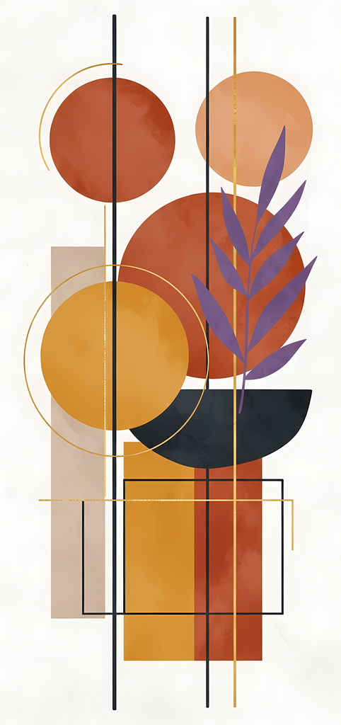 Boho Minimalist Art Bundle Abstract Leaves and Vases in Hues of Purple and Mauve. The designs combine geometric shapes with organic elements, creating a modern yet earthy feel. The color palette is centered around rich, warm tones for a contemporary boho