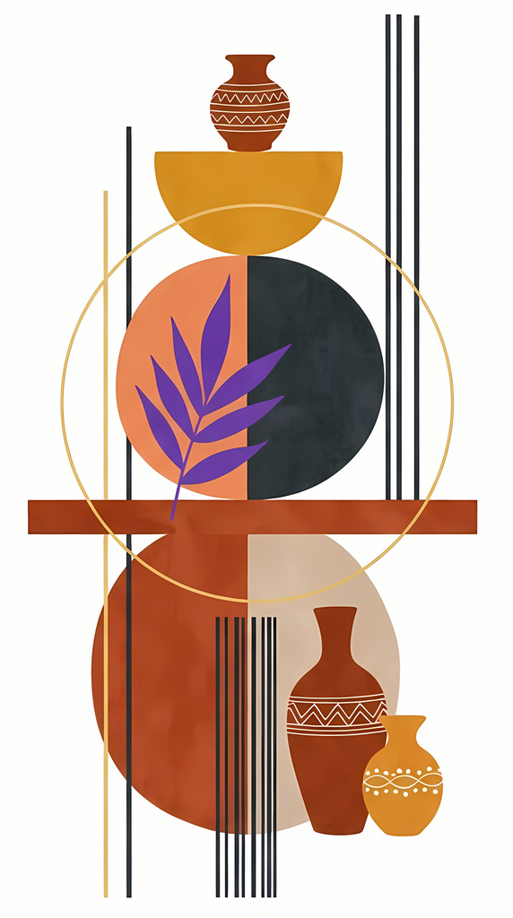 Boho Minimalist Art Bundle Abstract Leaves and Vases in Hues of Purple and Mauve. The designs combine geometric shapes with organic elements, creating a modern yet earthy feel. The color palette is centered around rich, warm tones for a contemporary boho