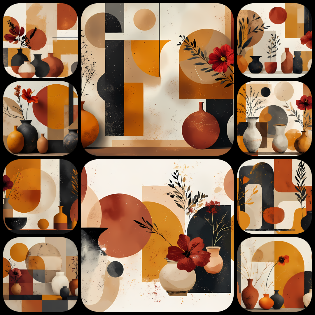 Bring timeless elegance to your creative projects with this mid-century modern Boho-inspired abstract art bundle. Featuring a harmonious blend of geometric shapes, minimalist vases, and delicate florals, this collection offers a warm palette of terracotta