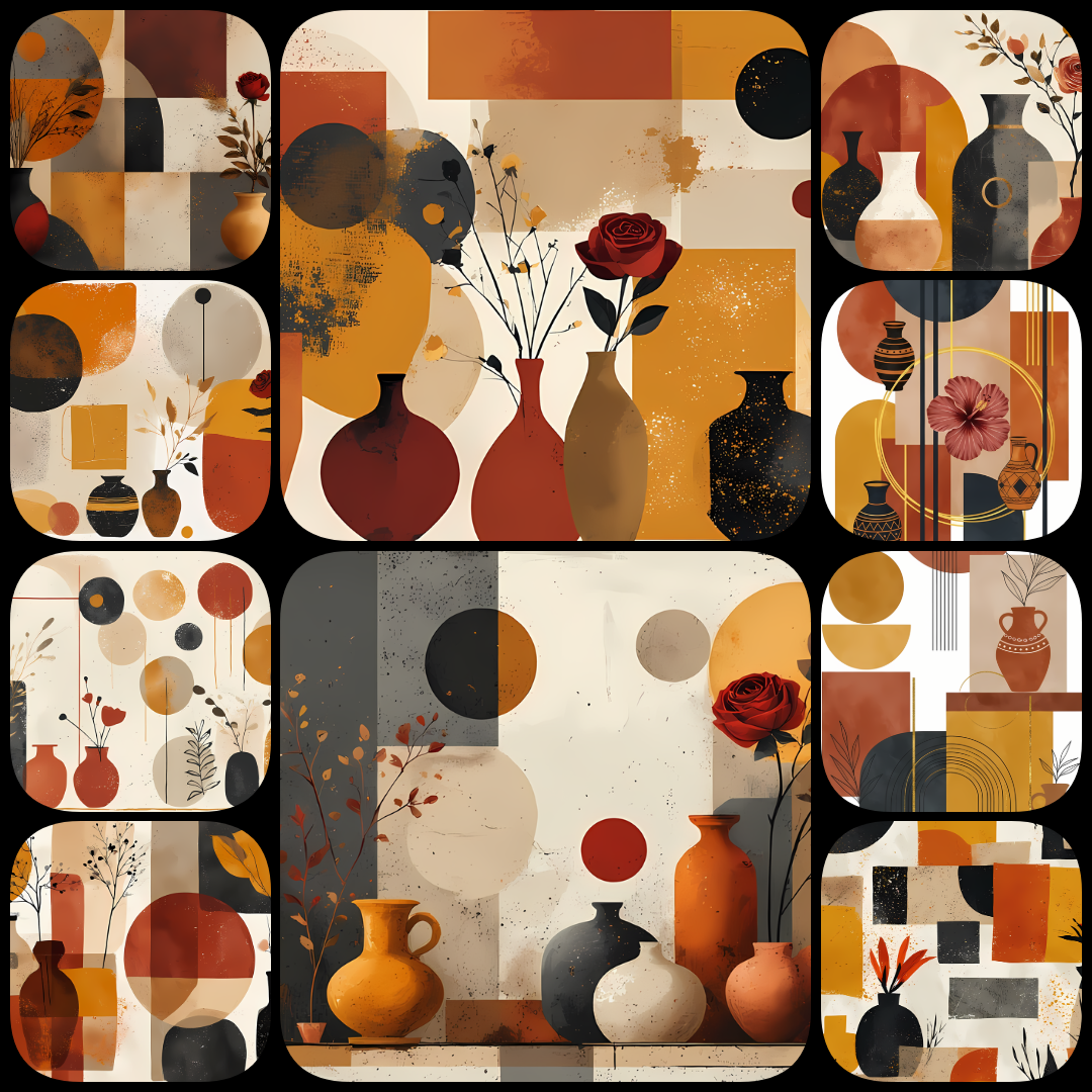 Bring timeless elegance to your creative projects with this mid-century modern Boho-inspired abstract art bundle. Featuring a harmonious blend of geometric shapes, minimalist vases, and delicate florals, this collection offers a warm palette of terracotta