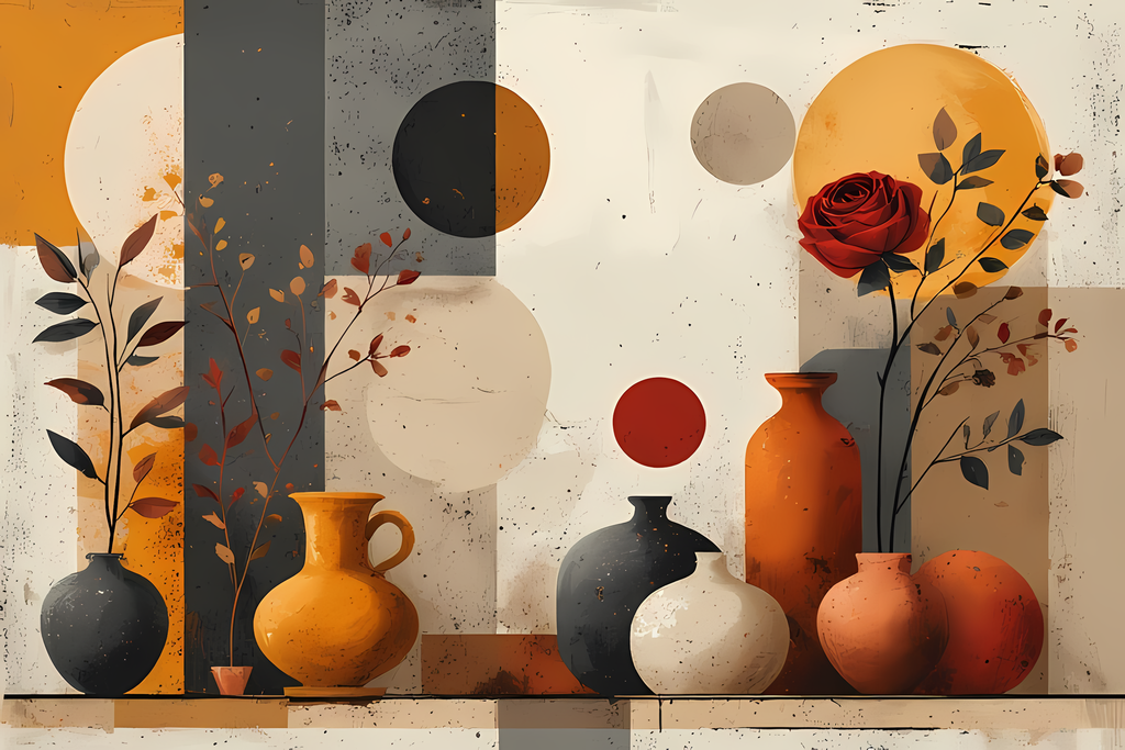 Bring timeless elegance to your creative projects with this mid-century modern Boho-inspired abstract art bundle. Featuring a harmonious blend of geometric shapes, minimalist vases, and delicate florals, this collection offers a warm palette of terracotta