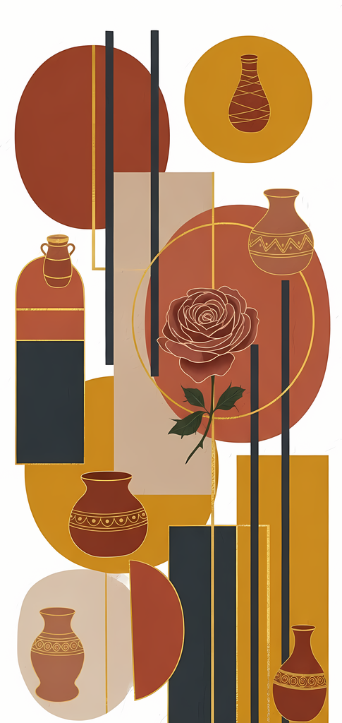 Bring timeless elegance to your creative projects with this mid-century modern Boho-inspired abstract art bundle. Featuring a harmonious blend of geometric shapes, minimalist vases, and delicate florals, this collection offers a warm palette of terracotta