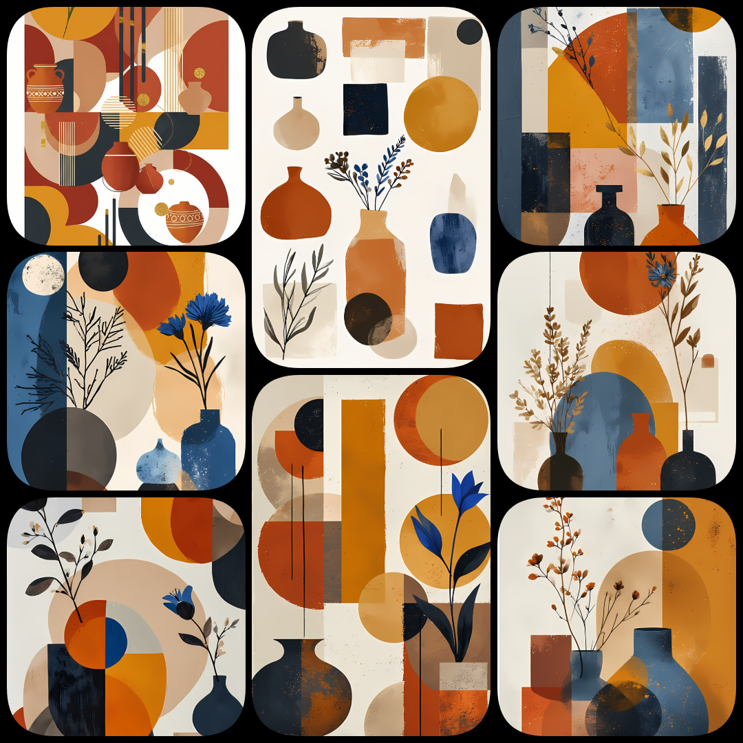 Bring timeless elegance to your creative projects with this mid-century modern Boho-inspired abstract art bundle. Featuring a harmonious blend of geometric shapes, minimalist vases, and delicate florals, this collection offers a warm palette of terracotta