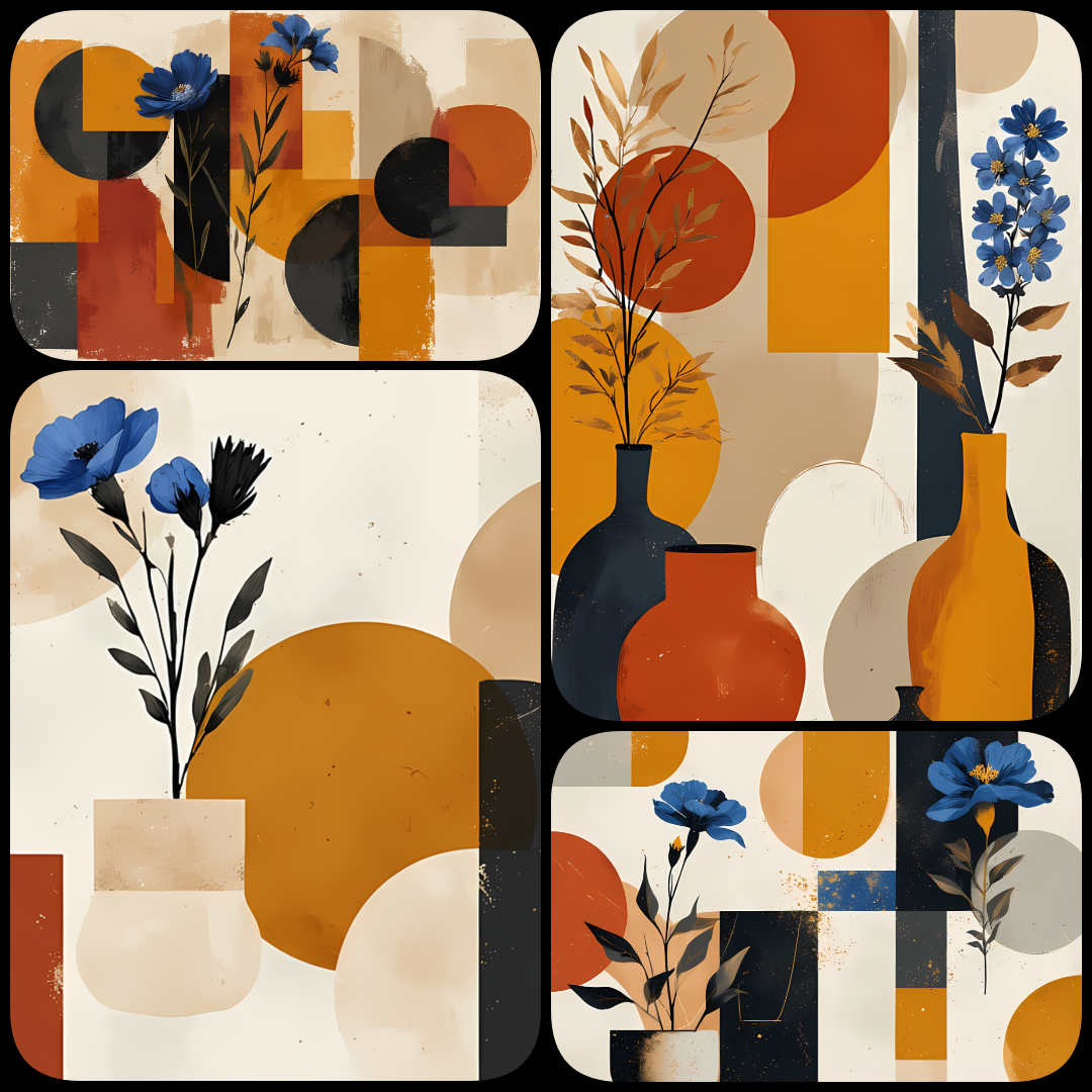 Bring timeless elegance to your creative projects with this mid-century modern Boho-inspired abstract art bundle. Featuring a harmonious blend of geometric shapes, minimalist vases, and delicate florals, this collection offers a warm palette of terracotta