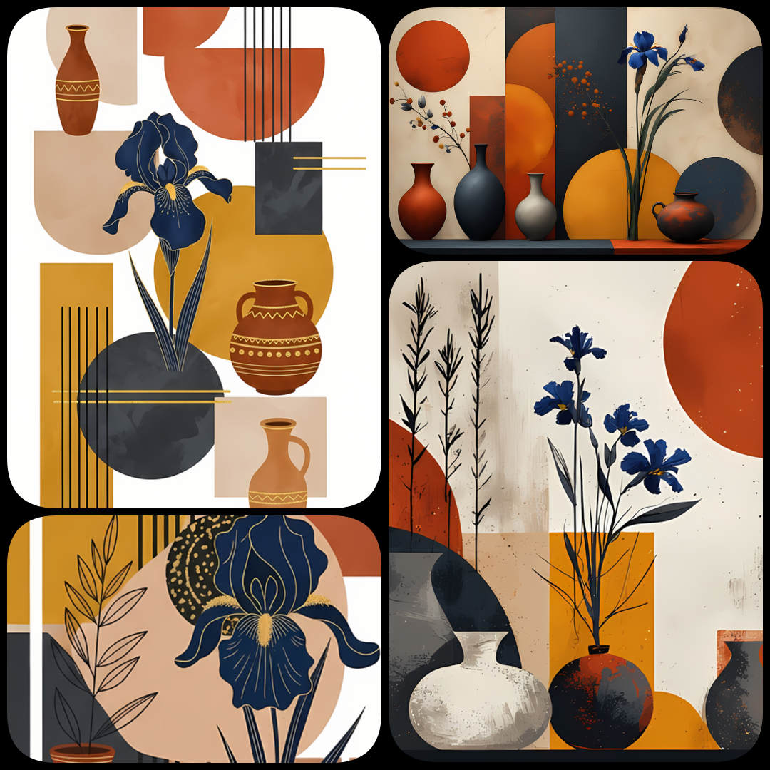 Bring timeless elegance to your creative projects with this mid-century modern Boho-inspired abstract art bundle. Featuring a harmonious blend of geometric shapes, minimalist vases, and delicate florals, this collection offers a warm palette of terracotta