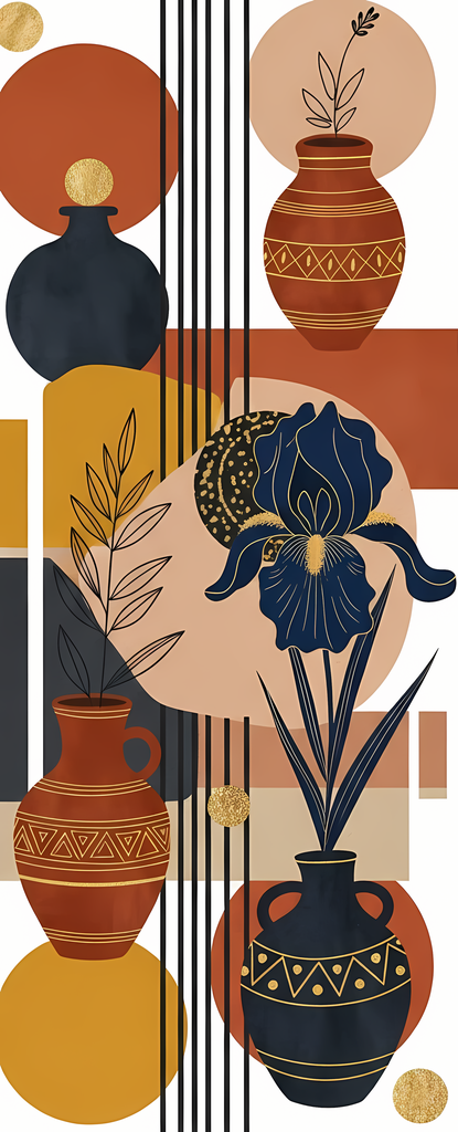 Bring timeless elegance to your creative projects with this mid-century modern Boho-inspired abstract art bundle. Featuring a harmonious blend of geometric shapes, minimalist vases, and delicate florals, this collection offers a warm palette of terracotta