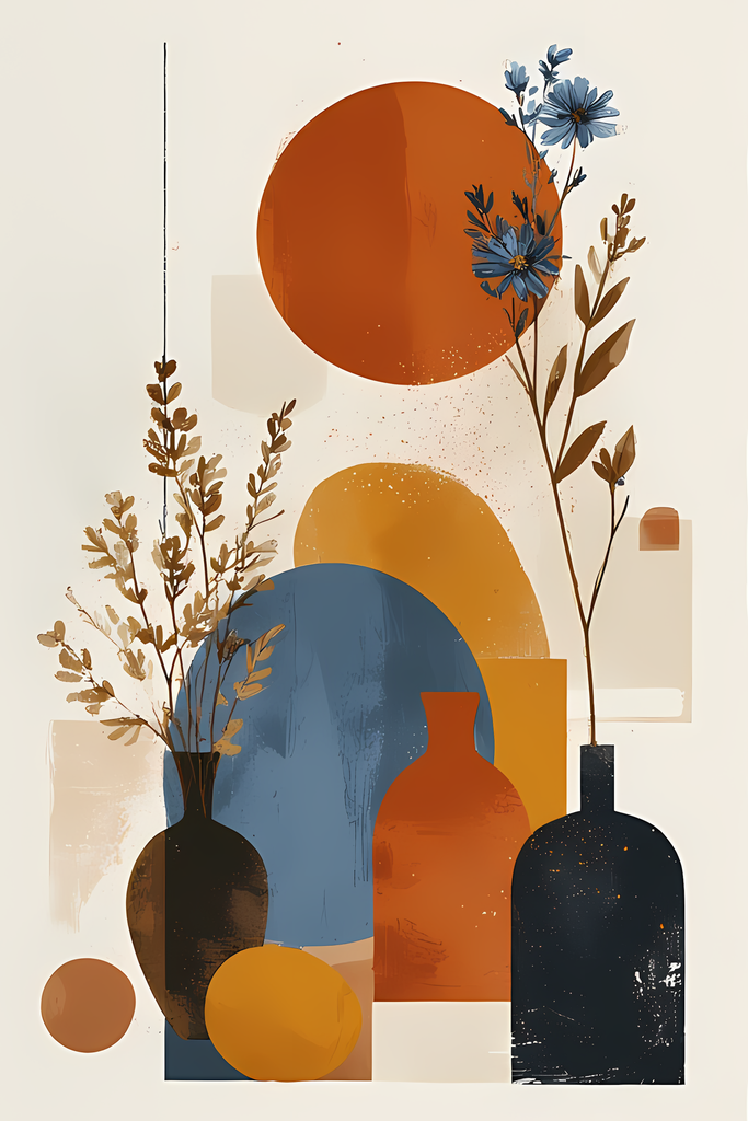 Bring timeless elegance to your creative projects with this mid-century modern Boho-inspired abstract art bundle. Featuring a harmonious blend of geometric shapes, minimalist vases, and delicate florals, this collection offers a warm palette of terracotta