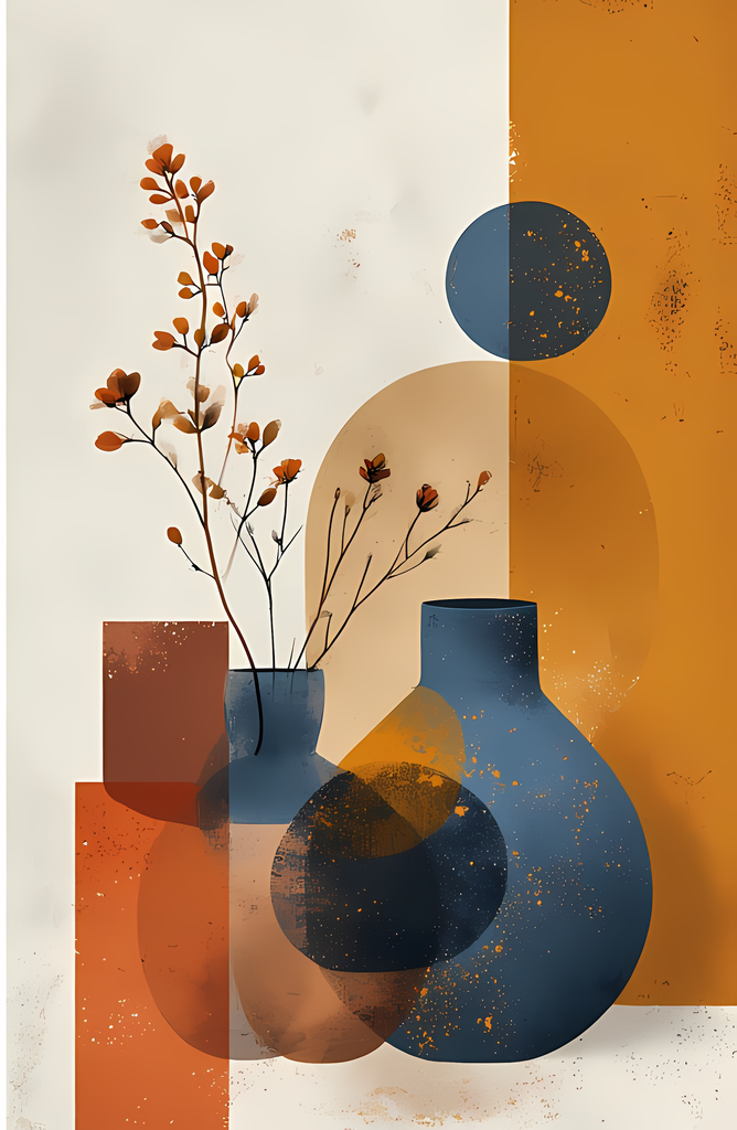 Bring timeless elegance to your creative projects with this mid-century modern Boho-inspired abstract art bundle. Featuring a harmonious blend of geometric shapes, minimalist vases, and delicate florals, this collection offers a warm palette of terracotta