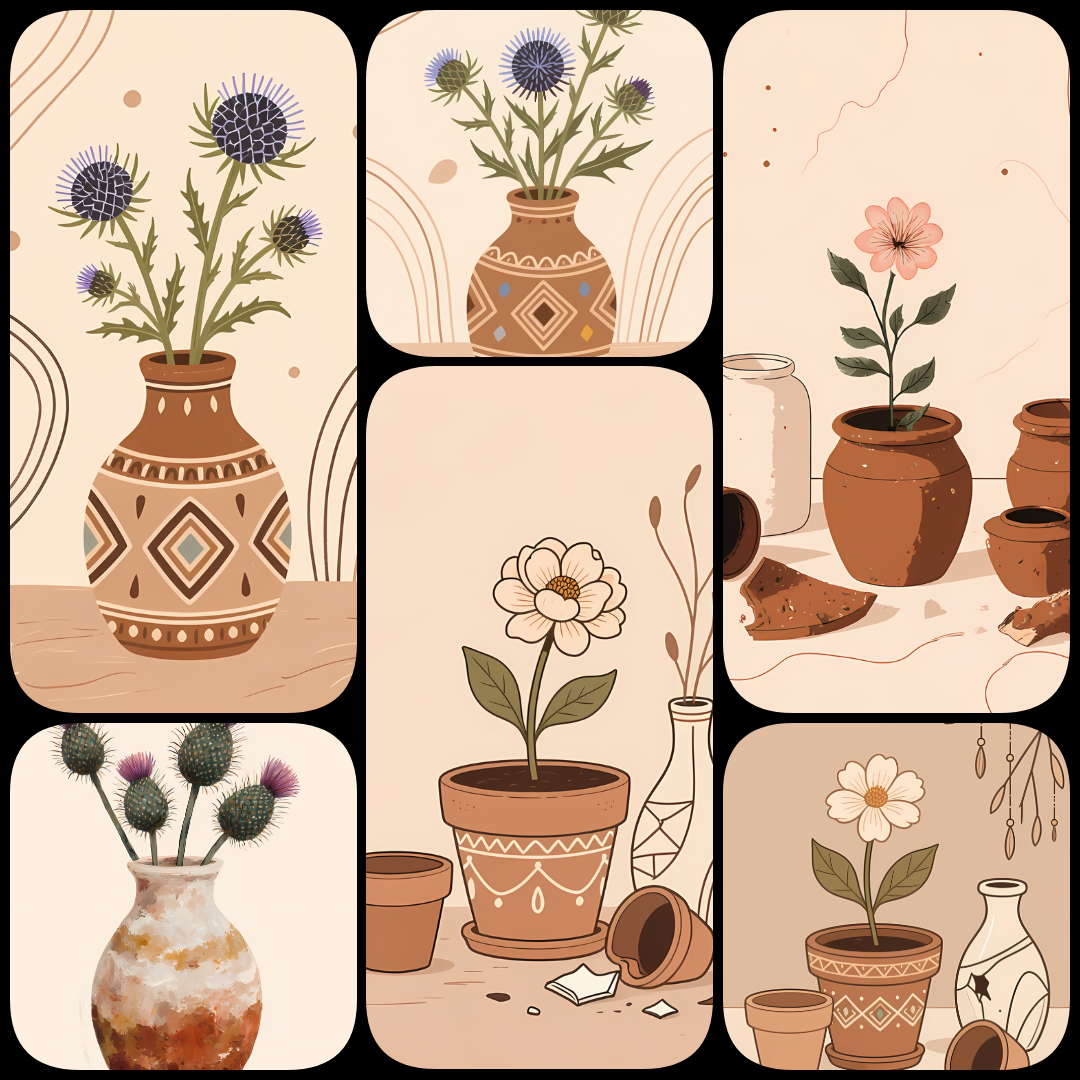 Bohemian Rustic Floral Vase Art Bundle | Roses, Daisies & Thistle Art Collection. Add warmth and timeless charm to your creative projects with this bohemian rustic floral art bundle. Featuring roses, daisies, and thistles arranged in earthy clay vases and