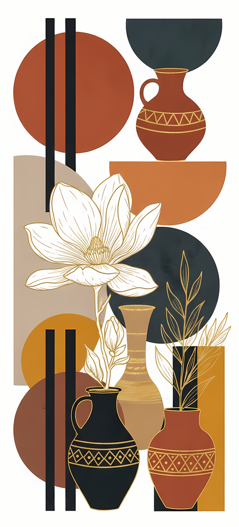 Bring timeless elegance to your creative projects with this mid-century modern Boho-inspired abstract art bundle. Featuring a harmonious blend of geometric shapes, minimalist vases, and delicate florals, this collection offers a warm palette of terracotta