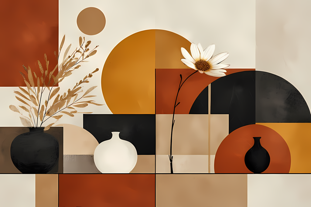 Bring timeless elegance to your creative projects with this mid-century modern Boho-inspired abstract art bundle. Featuring a harmonious blend of geometric shapes, minimalist vases, and delicate florals, this collection offers a warm palette of terracotta