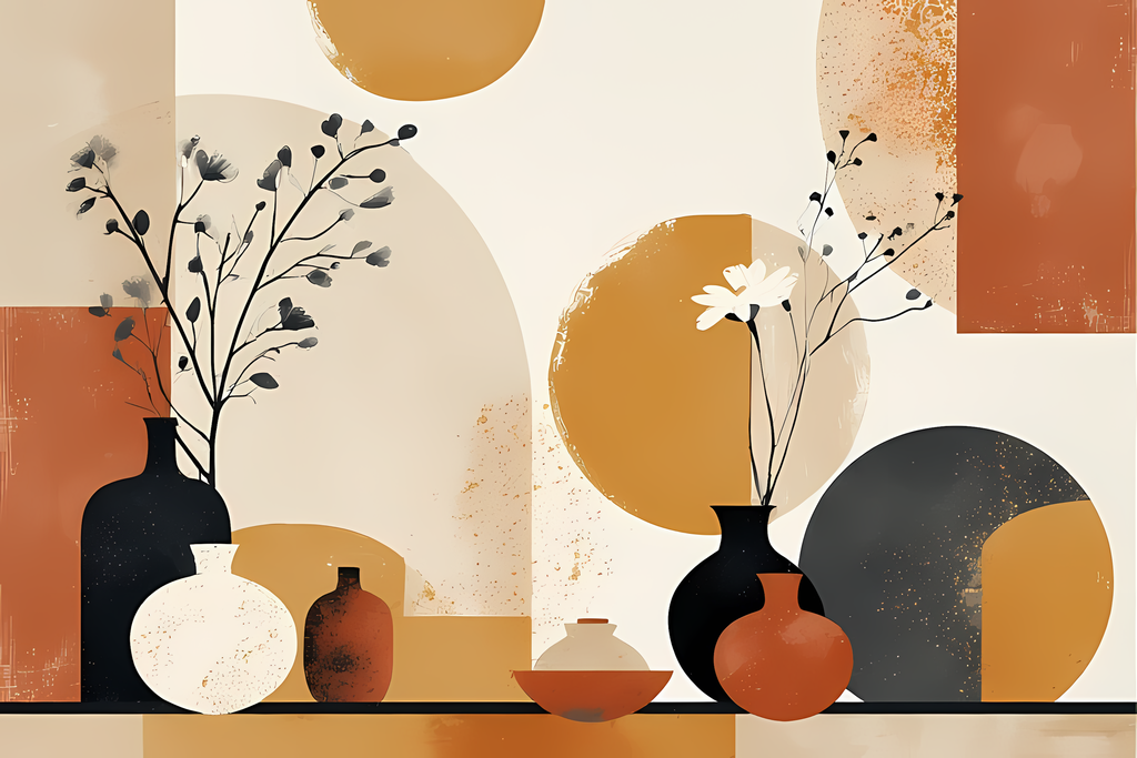 Bring timeless elegance to your creative projects with this mid-century modern Boho-inspired abstract art bundle. Featuring a harmonious blend of geometric shapes, minimalist vases, and delicate florals, this collection offers a warm palette of terracotta