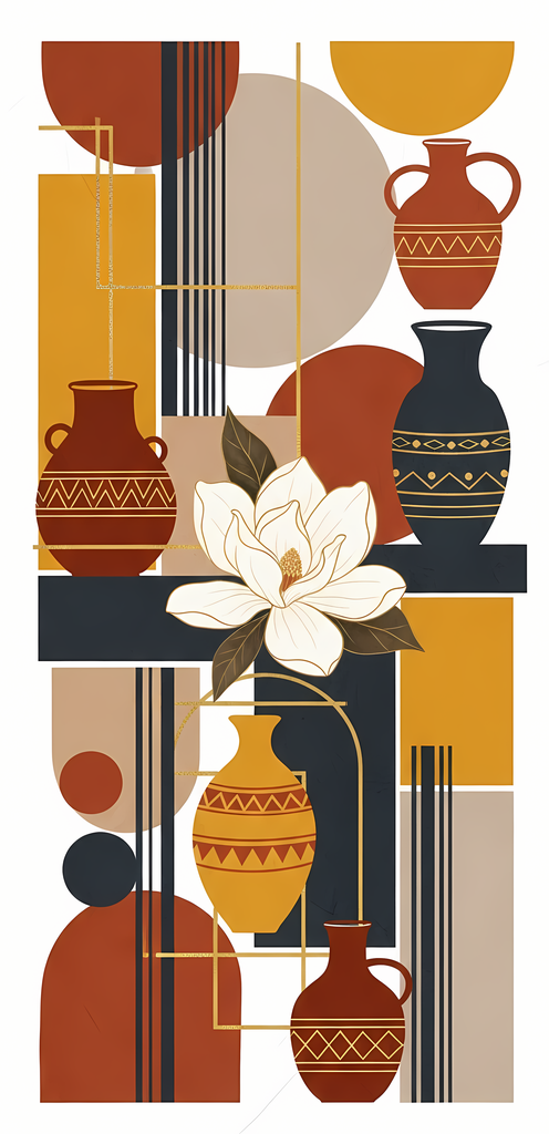 Bring timeless elegance to your creative projects with this mid-century modern Boho-inspired abstract art bundle. Featuring a harmonious blend of geometric shapes, minimalist vases, and delicate florals, this collection offers a warm palette of terracotta