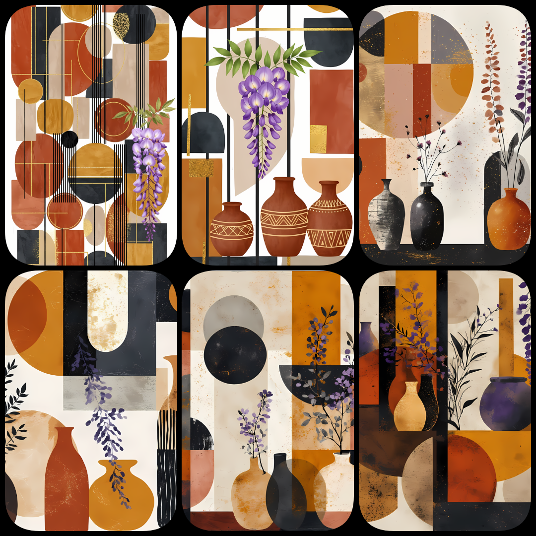 Add warmth and timeless charm to your creative projects with this bohemian rustic floral art bundle. Featuring roses, daisies, and thistles arranged in earthy clay vases and patterned pottery, these designs blend boho-inspired illustration with subtle pai