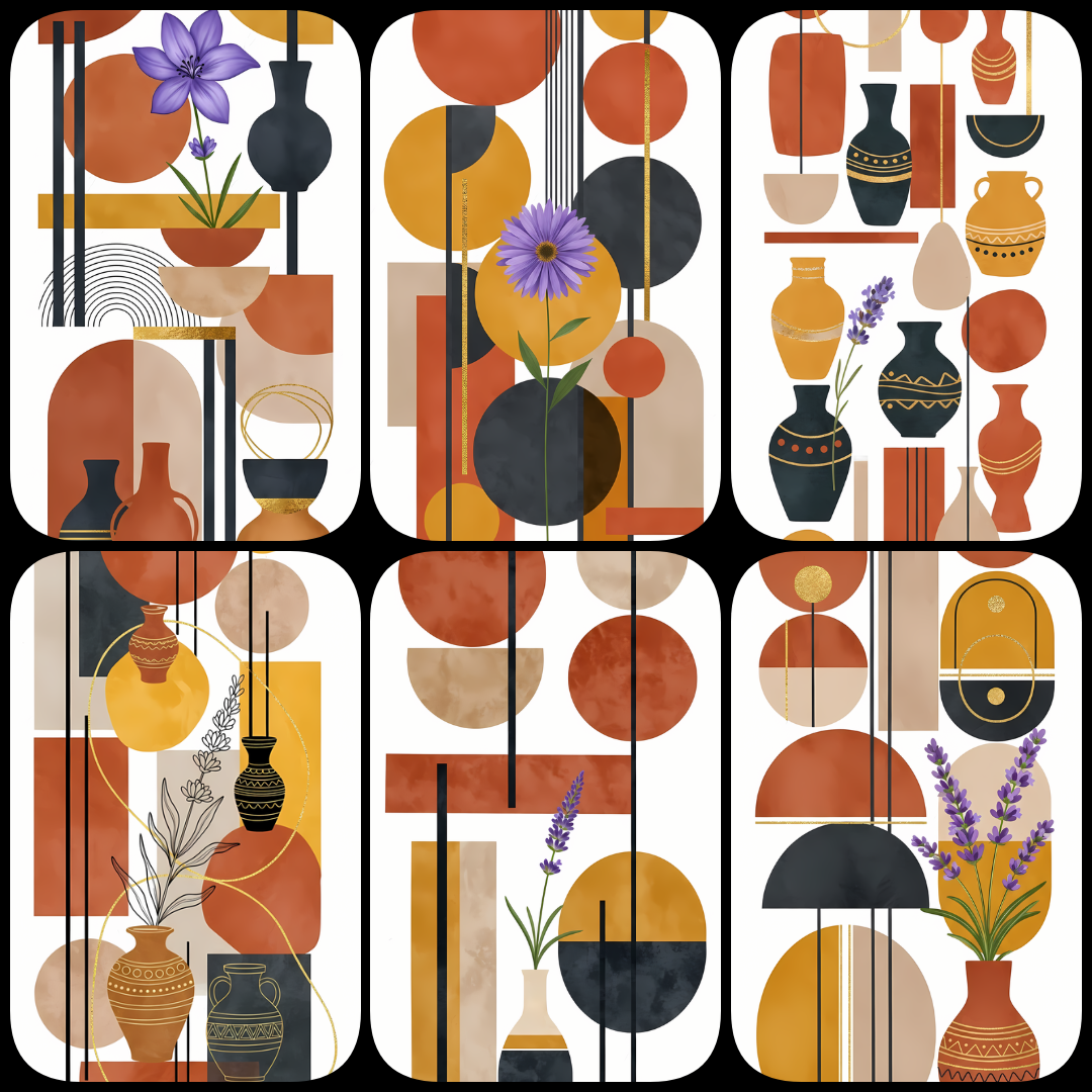 Add warmth and timeless charm to your creative projects with this bohemian rustic floral art bundle. Featuring roses, daisies, and thistles arranged in earthy clay vases and patterned pottery, these designs blend boho-inspired illustration with subtle pai