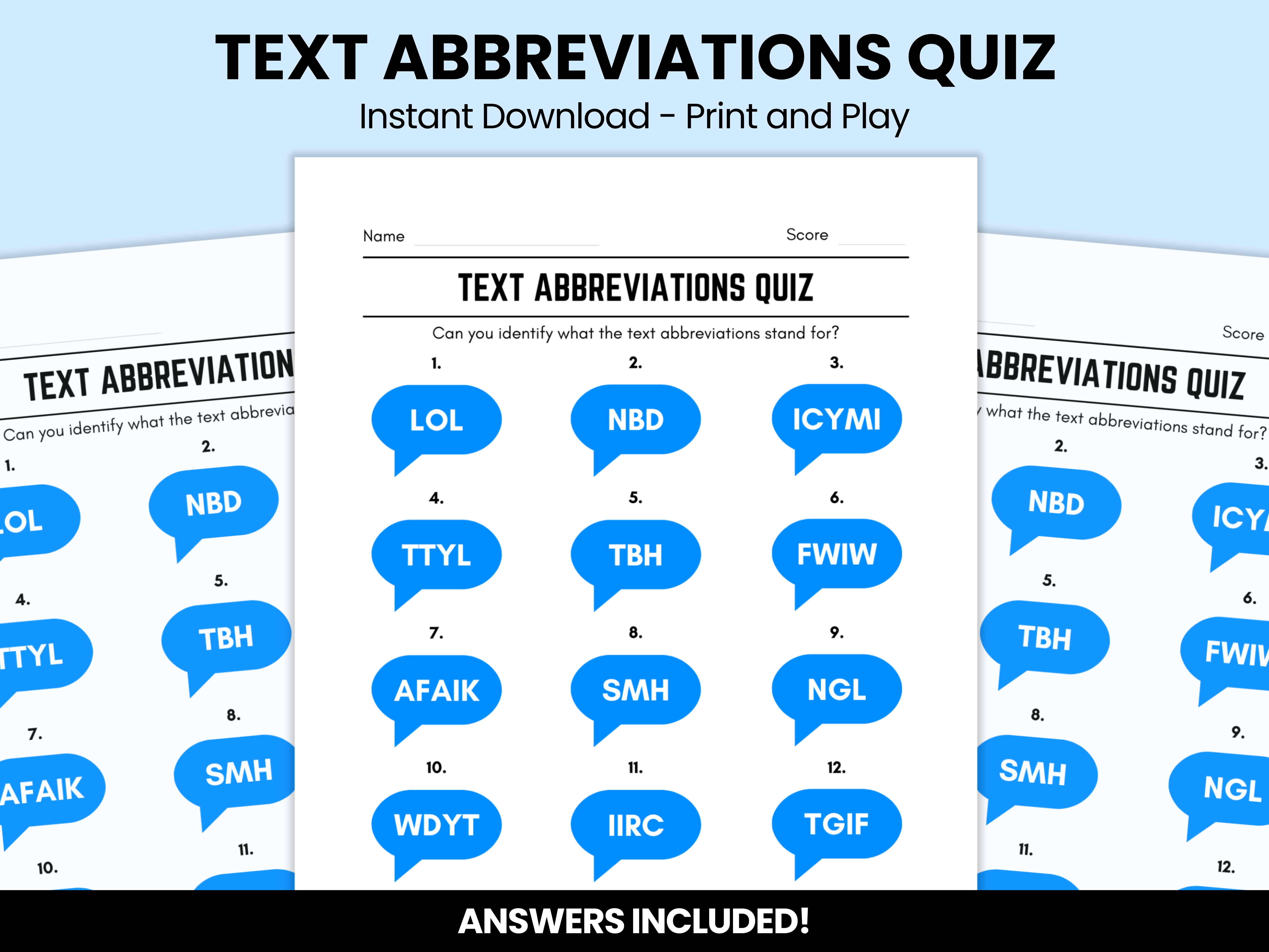 Text Abbreviations Picture Quiz With Answers – Instant Download