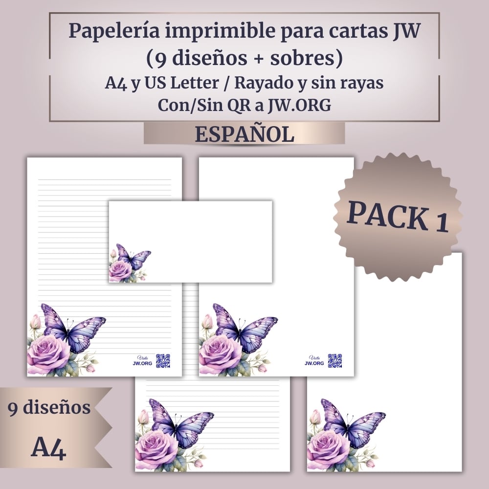 Papelería imprimible para cartas JW (9 diseños + sobres) – Mariposas y Flores – (A4, US Letter, DL, #10)