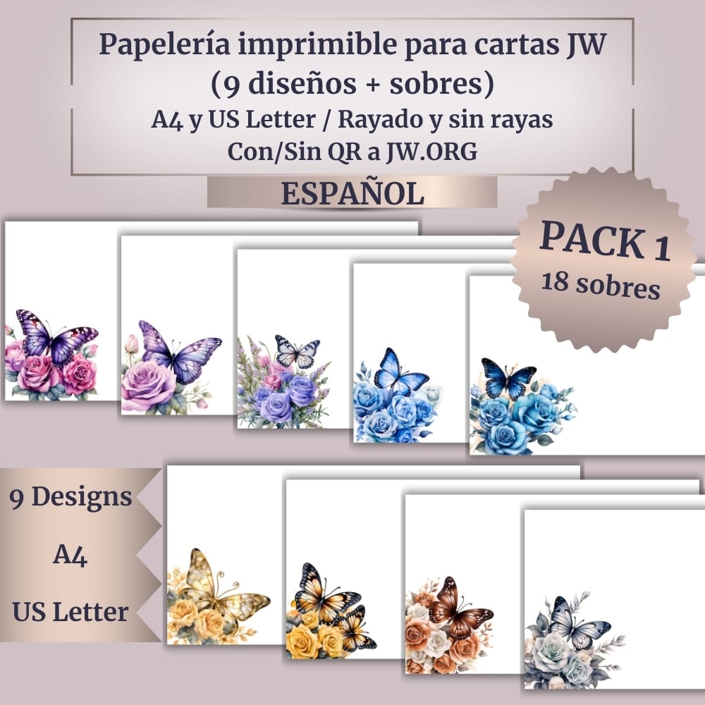 Papelería imprimible para cartas JW (9 diseños + sobres) – Mariposas y Flores – (A4, US Letter, DL, #10)
