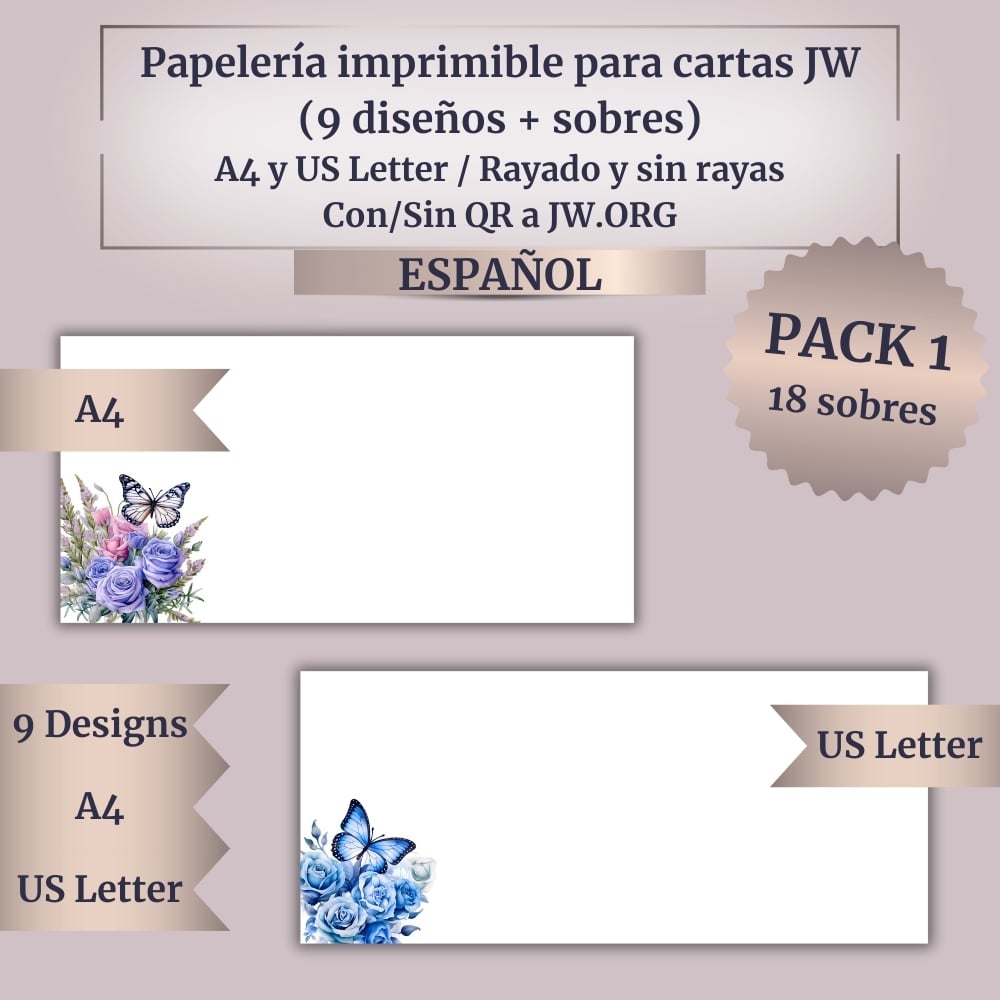 Papelería imprimible para cartas JW (9 diseños + sobres) – Mariposas y Flores – (A4, US Letter, DL, #10)