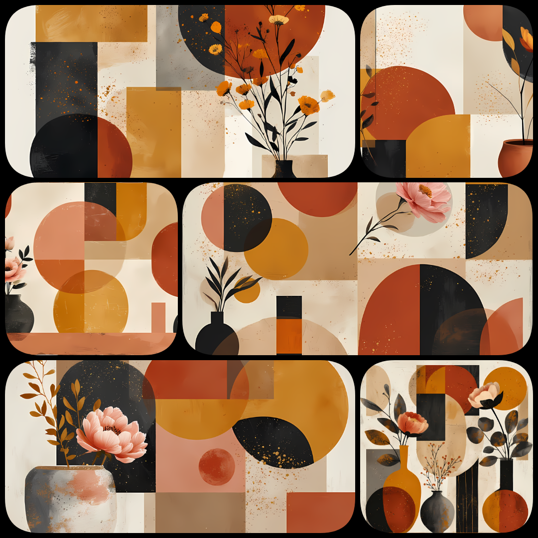 Retro Geometric Botanical Collection | Mid-Century Abstract Florals & Shapes for Wall Art & Design. Bring timeless charm to your creative projects with this Mid-Century Modern Abstract Floral Art Bundle. These high-resolution PNG designs combine retro geo