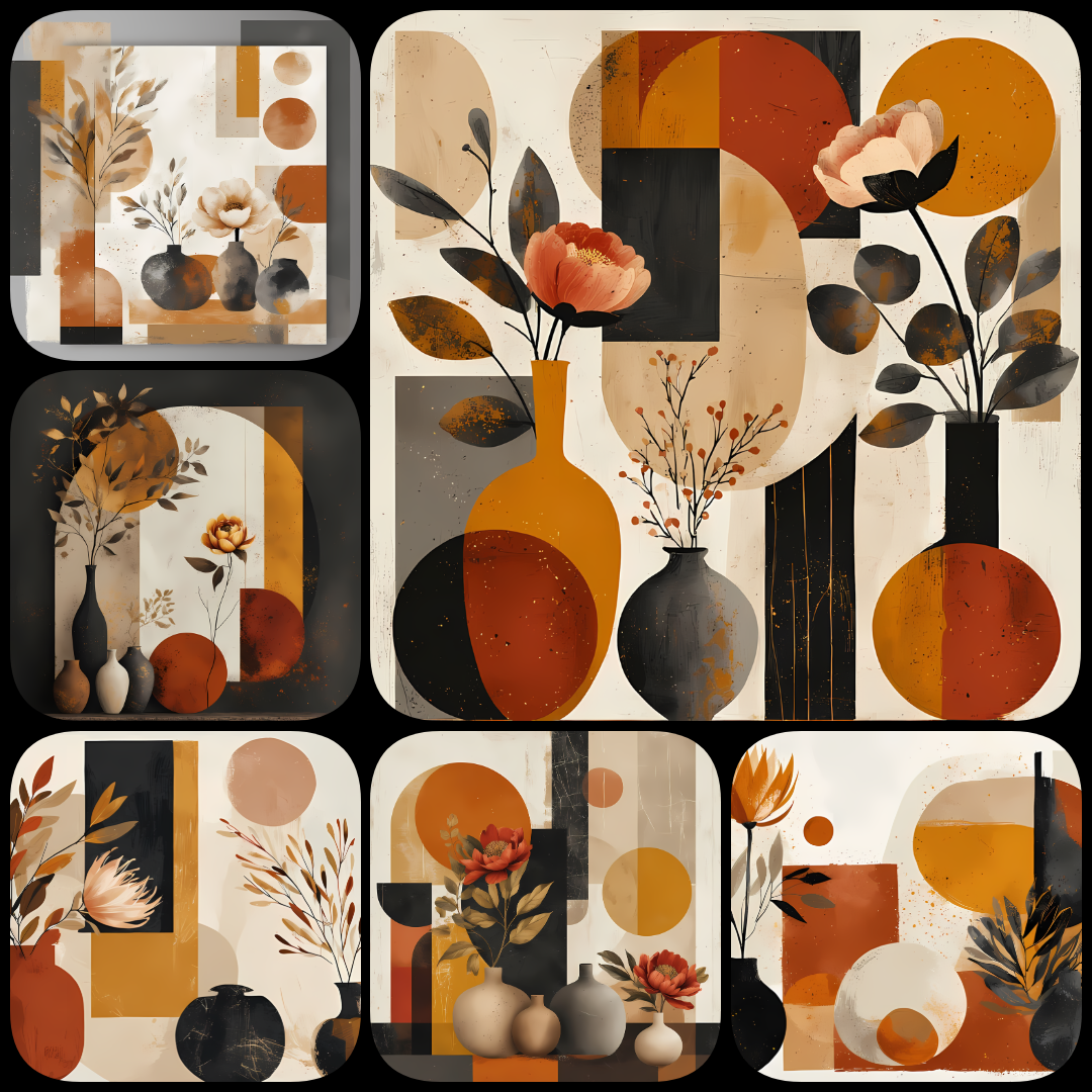 Retro Geometric Botanical Collection | Mid-Century Abstract Florals & Shapes for Wall Art & Design. Bring timeless charm to your creative projects with this Mid-Century Modern Abstract Floral Art Bundle. These high-resolution PNG designs combine retro geo