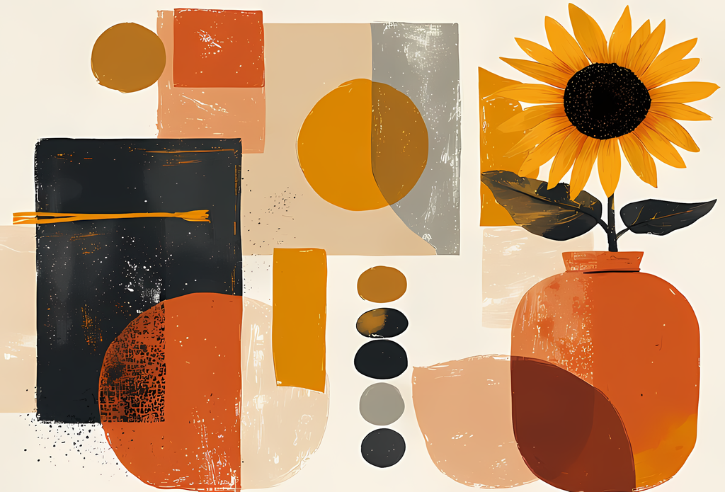Brighten your creative projects with this Mid-Century Modern Sunflower & Vase Art Bundle, where bold geometric abstraction meets warm, organic florals. Each design combines retro-inspired shapes with sunflowers, foliage, and pottery vases, creating a perf