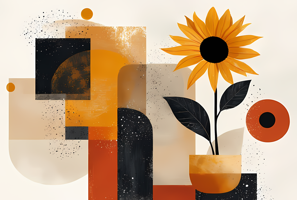 Brighten your creative projects with this Mid-Century Modern Sunflower & Vase Art Bundle, where bold geometric abstraction meets warm, organic florals. Each design combines retro-inspired shapes with sunflowers, foliage, and pottery vases, creating a perf