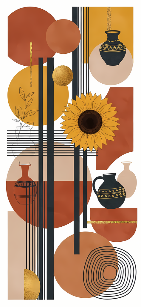 Brighten your creative projects with this Mid-Century Modern Sunflower & Vase Art Bundle, where bold geometric abstraction meets warm, organic florals. Each design combines retro-inspired shapes with sunflowers, foliage, and pottery vases, creating a perf