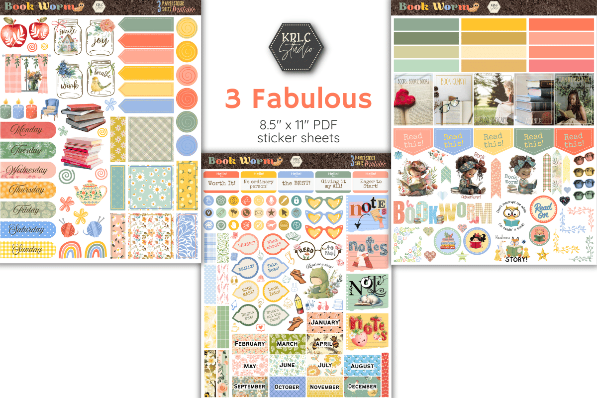 Book Worm PRINTABLE Planner Sticker Sheets - KRLC Studio