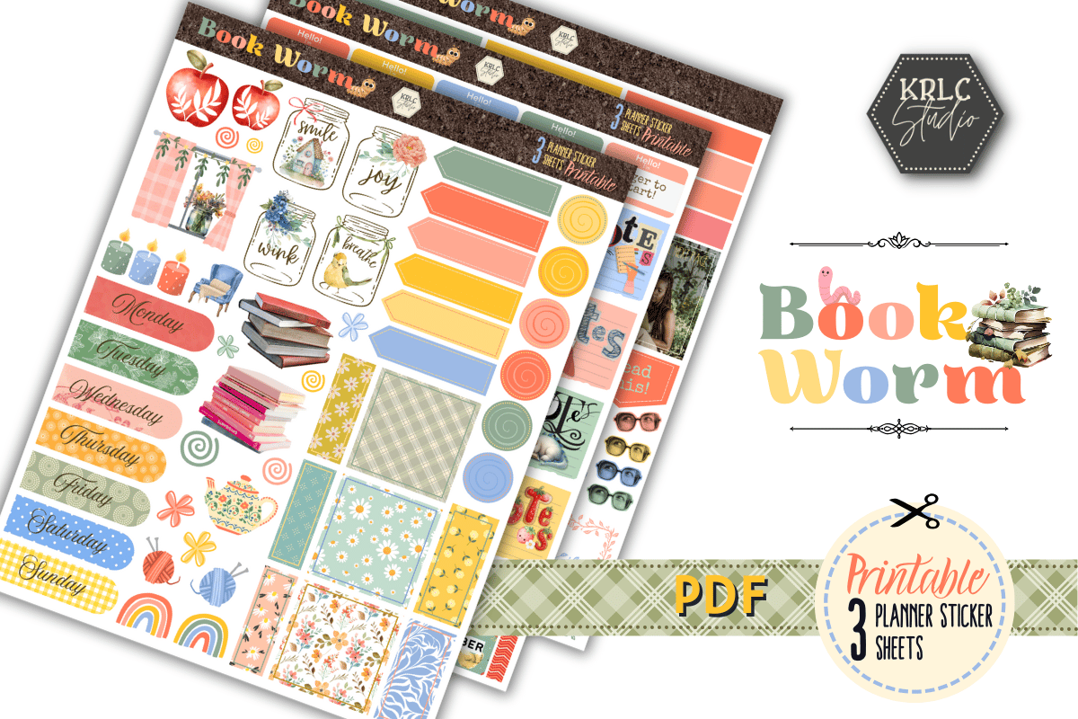 Book Worm PRINTABLE Planner Sticker Sheets - KRLC Studio Cover