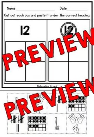 Teen Numbers Kindergarten cut & paste Worksheets 11-20 Subitizing Math 1st Grade