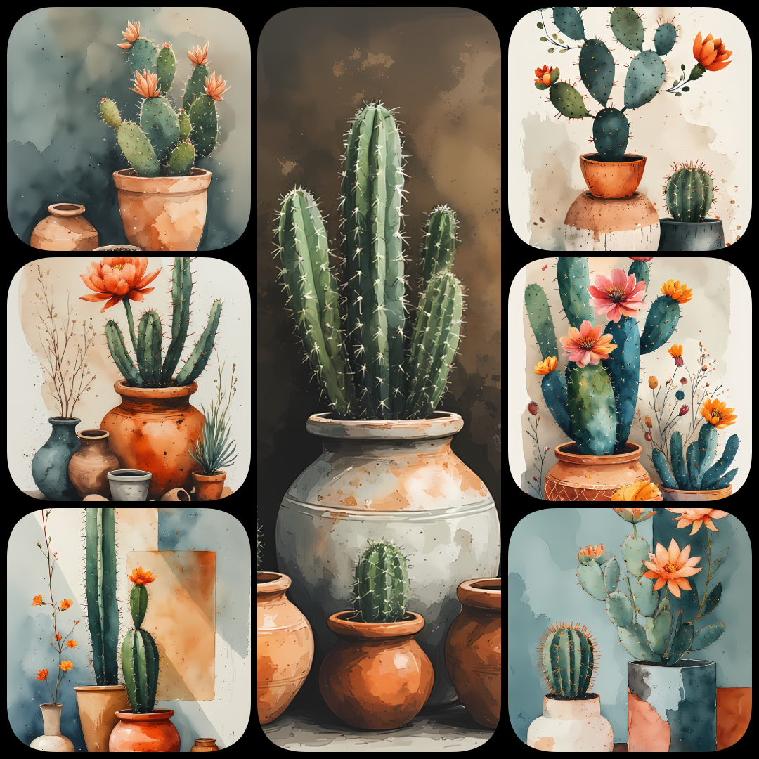 Southwestern Cactus Watercolor Prints | Succulent & Clay Pot Collection. Bring a touch of desert charm into your creative projects with this watercolor cactus art bundle. Each design features hand-painted cacti and succulents in rustic clay pots, accented
