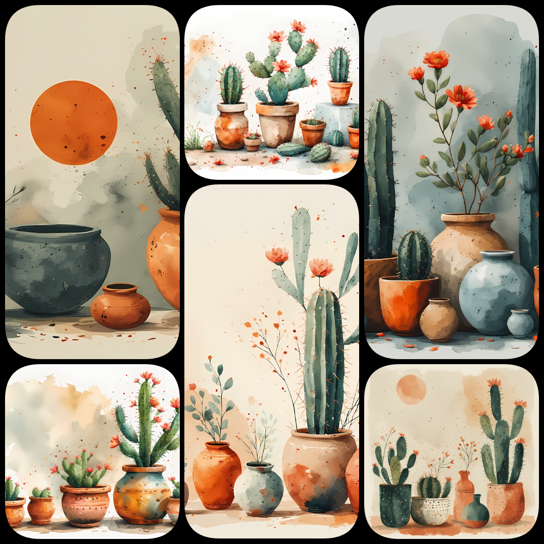 Southwestern Cactus Watercolor Prints | Succulent & Clay Pot Collection. Bring a touch of desert charm into your creative projects with this watercolor cactus art bundle. Each design features hand-painted cacti and succulents in rustic clay pots, accented
