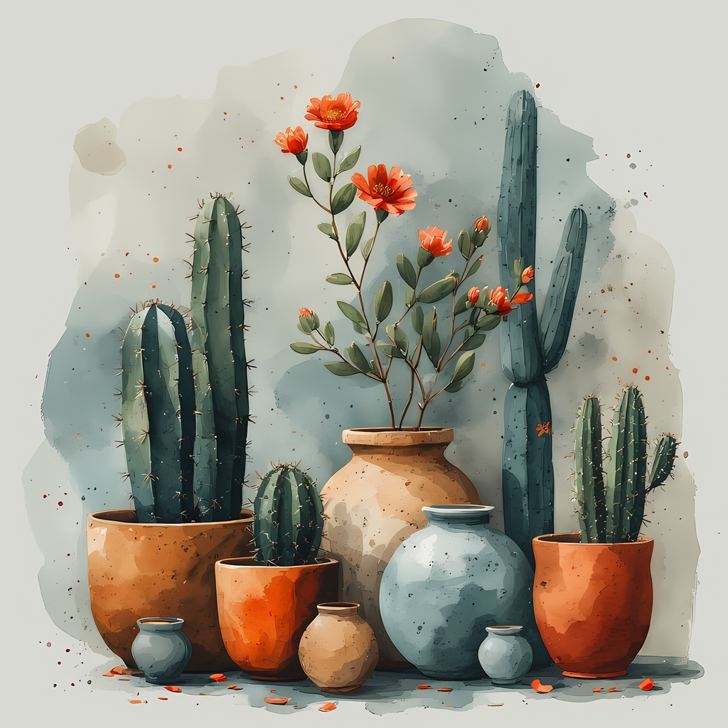 Southwestern Cactus Watercolor Prints | Succulent & Clay Pot Collection. Bring a touch of desert charm into your creative projects with this watercolor cactus art bundle. Each design features hand-painted cacti and succulents in rustic clay pots, accented