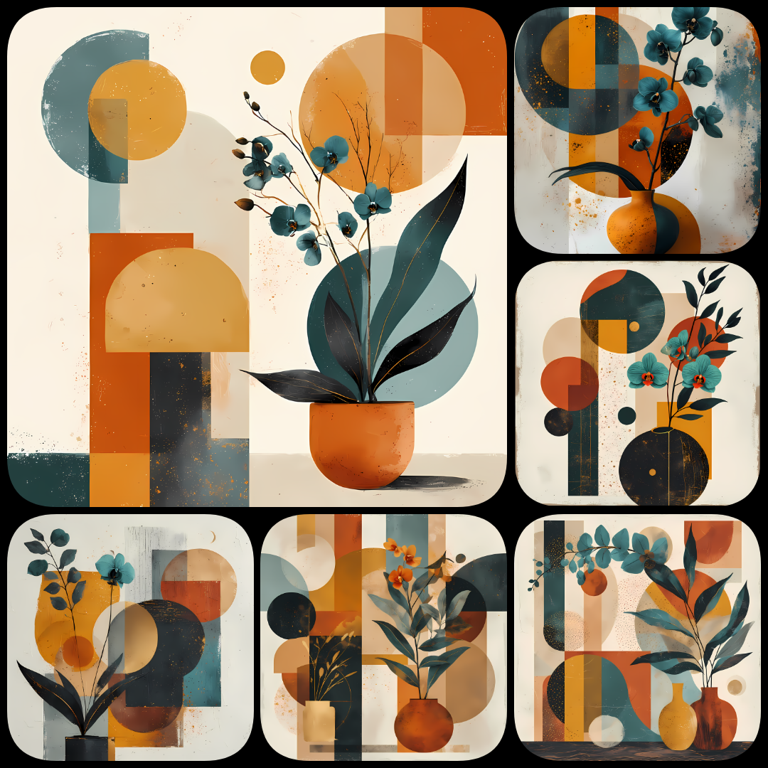 Geometric Floral Abstracts | Mid-Century Modern Botanical Digital Art Set. Bring timeless elegance into your creative projects with this mid-century modern abstract botanical art bundle. Each design combines geometric shapes with minimalist floral element