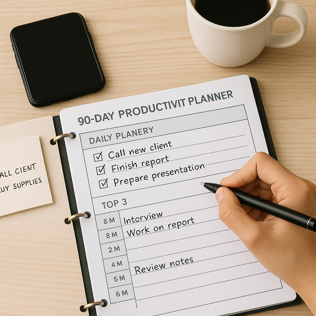 90-Day Productivity Planner Printable (Undated) • Daily Time-Blocking 6am–10pm • Weekly Goals & KPIs • Monthly Reviews • US Letter PDF