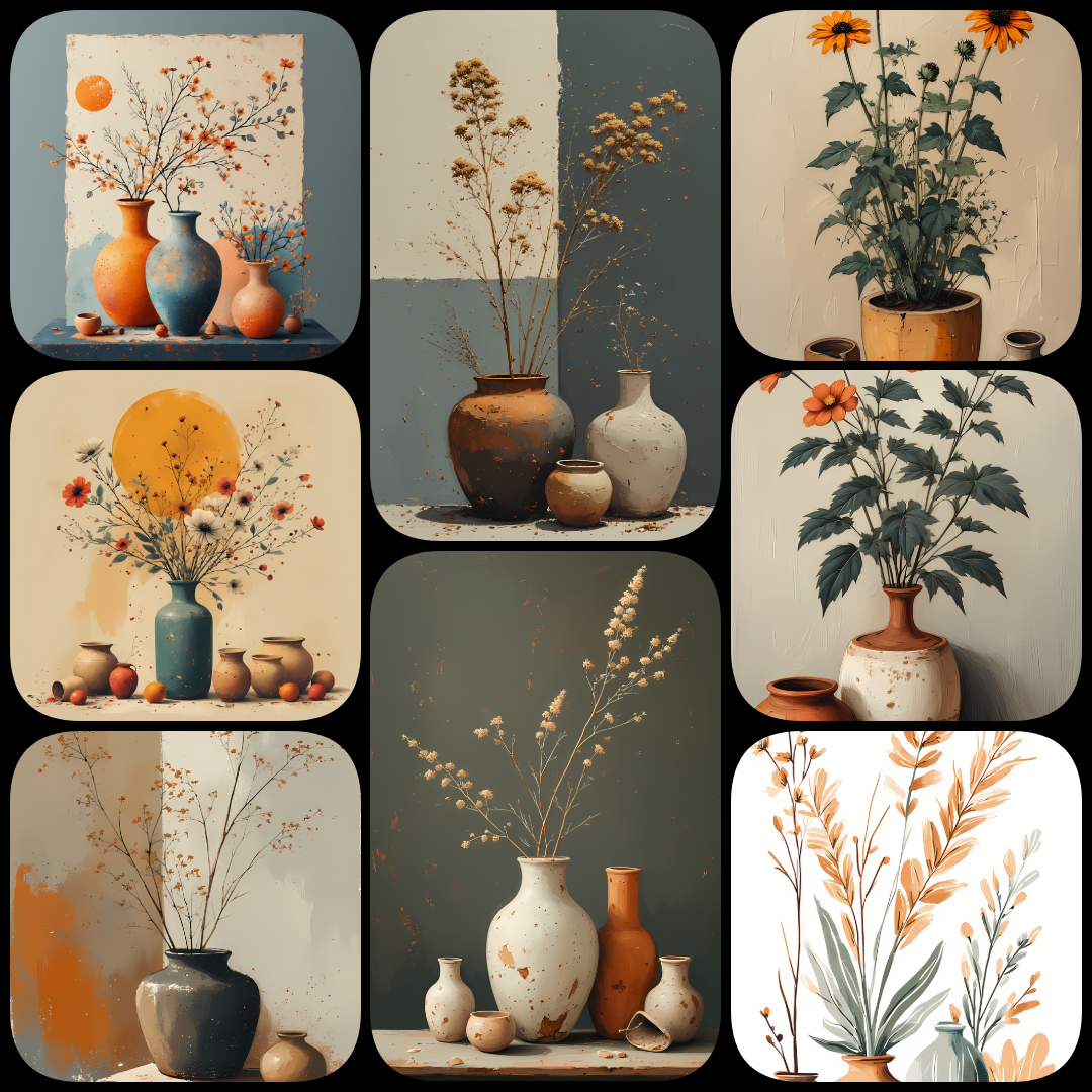 Modern Vintage Flower Vase Illustrations. Bring timeless beauty into your creative projects with this Floral Still Life Art Bundle, featuring vintage-inspired botanical illustrations blended with touches of modern minimalism. Each design showcases delicat