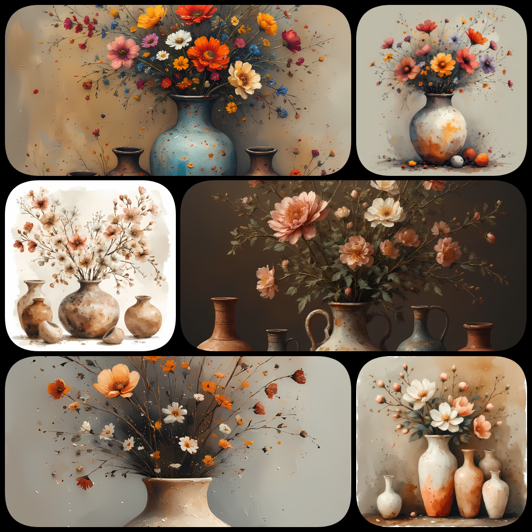 Modern Vintage Flower Vase Illustrations. Bring timeless beauty into your creative projects with this Floral Still Life Art Bundle, featuring vintage-inspired botanical illustrations blended with touches of modern minimalism. Each design showcases delicat