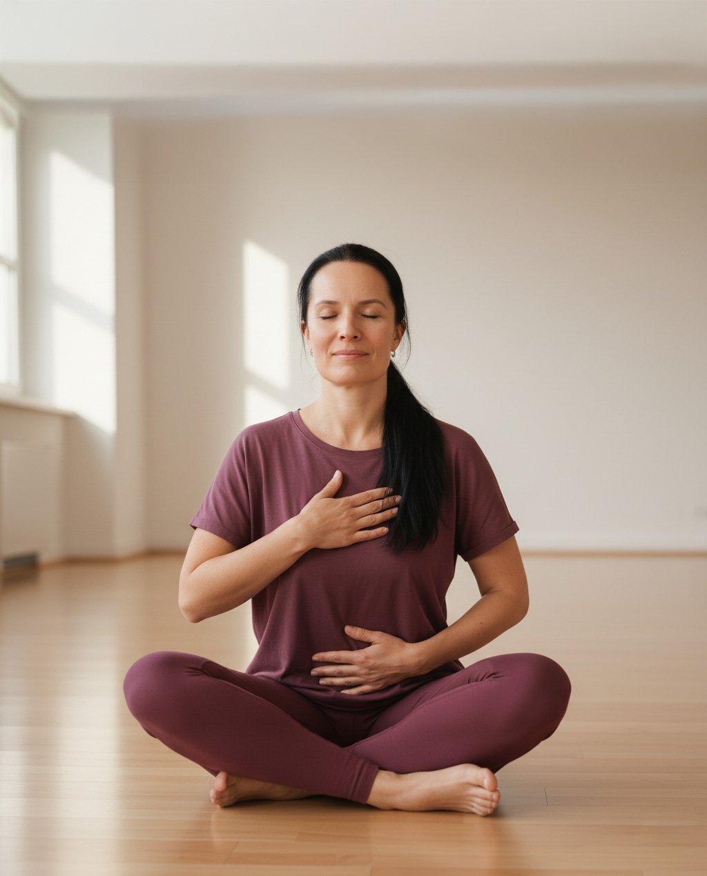 Mette sitting in a yoga studio meditating with her hands on her heart and abdomen