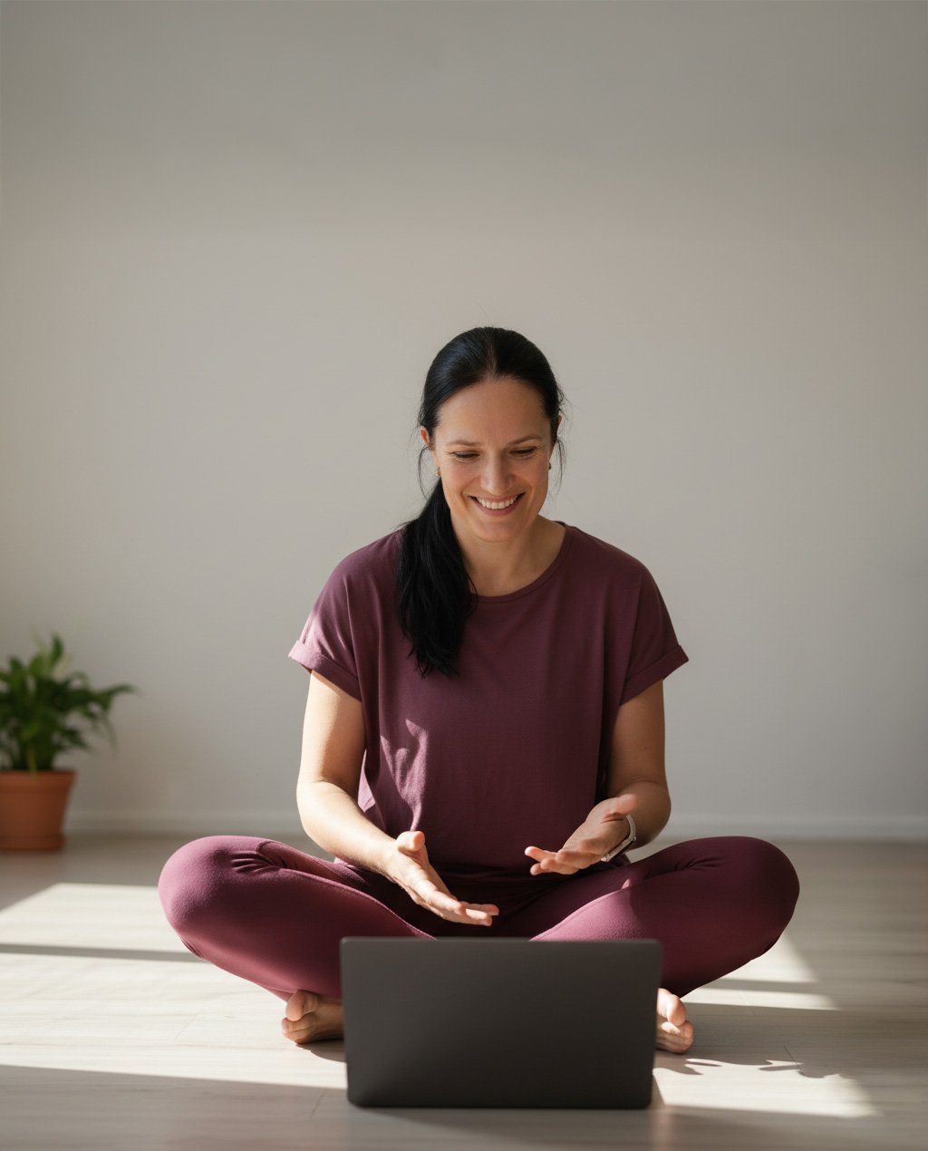 Mette sitting on the floor of her studio teaching yoga on her laptop