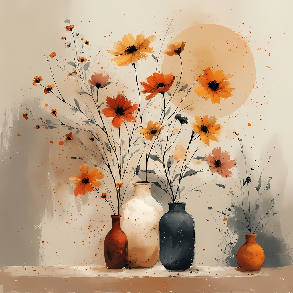 Elegant Still Life Flower Collection | Vintage Inspired Digital Wall Art. This Vintage Illustrative Floral Art Bundle captures the charm of classic still life with a fresh, contemporary twist. Featuring hand-painted style flower vase illustrations in warm