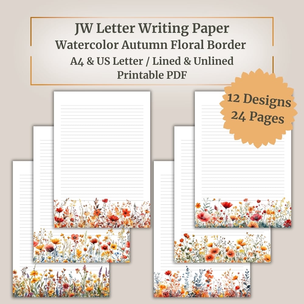 JW Letter Writing Paper – Watercolor Autumn Floral Border Stationery – 12 Lined / 12 Unlined Designs – Printable PDF (A4 / US Letter)