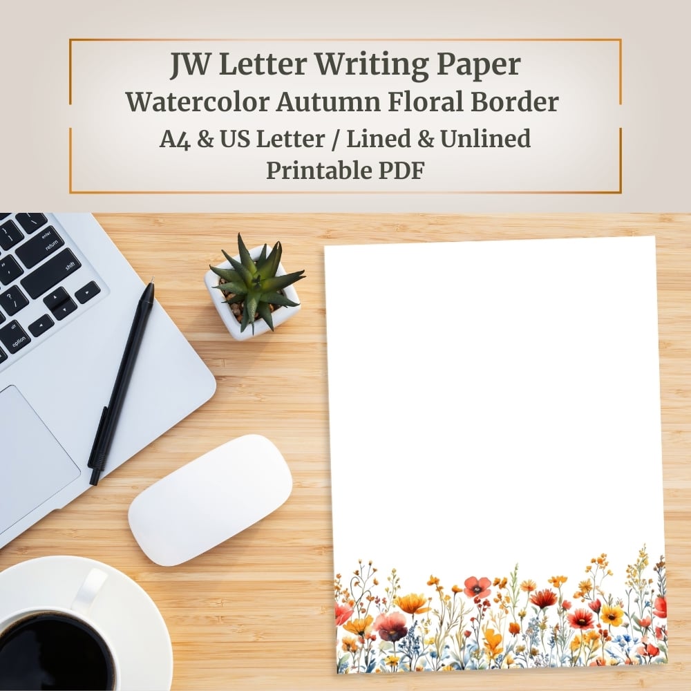 JW Letter Writing Paper – Watercolor Autumn Floral Border Stationery – 12 Lined / 12 Unlined Designs – Printable PDF (A4 / US Letter)