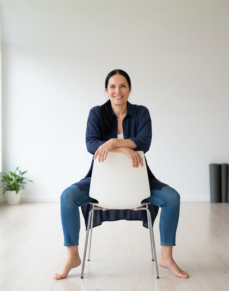 Mette smiling sitting backwards on a chair arms resting on the top edge of the chair back