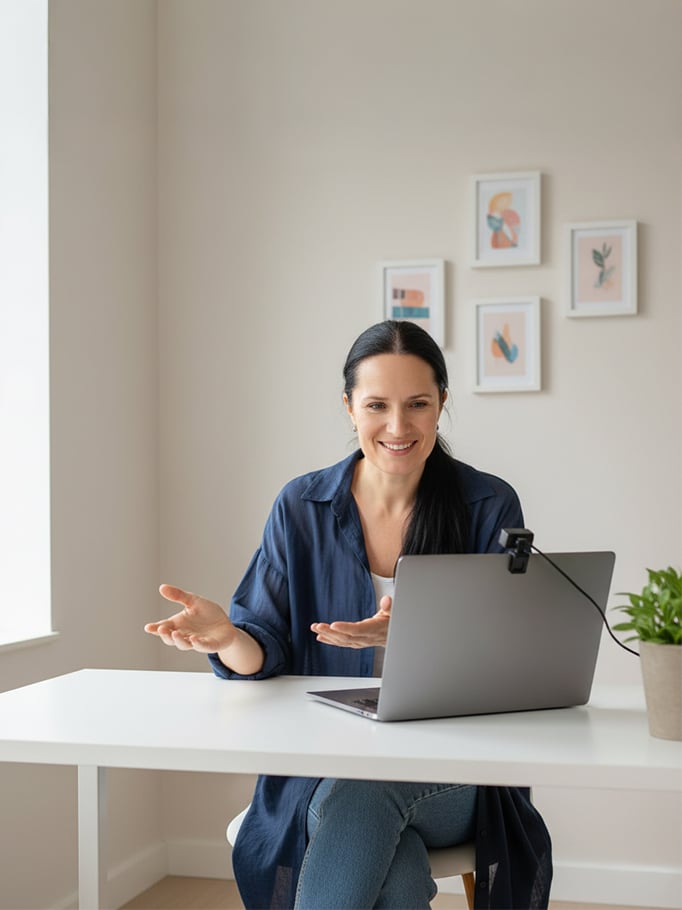 Mette coaching a client on her laptop
