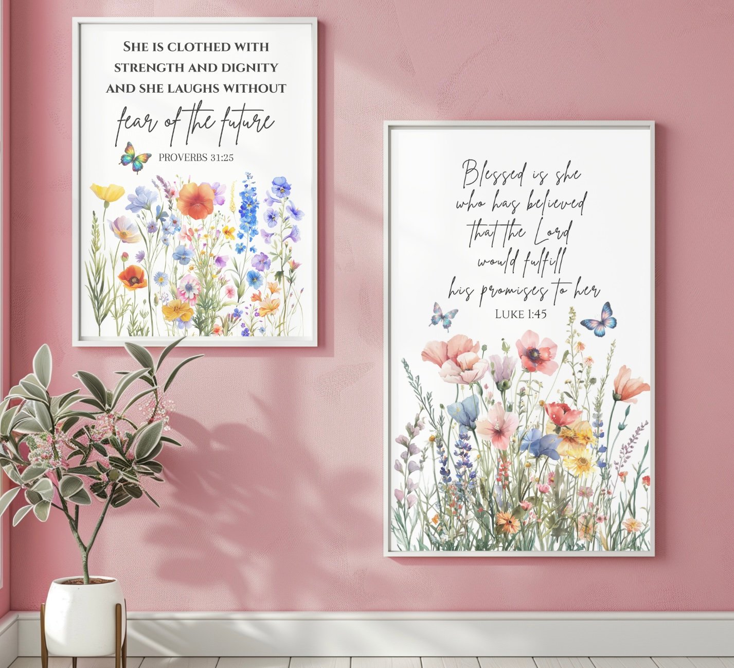Bible Verse Wall Art Set of 2 | Christian Scripture Prints | Floral ...