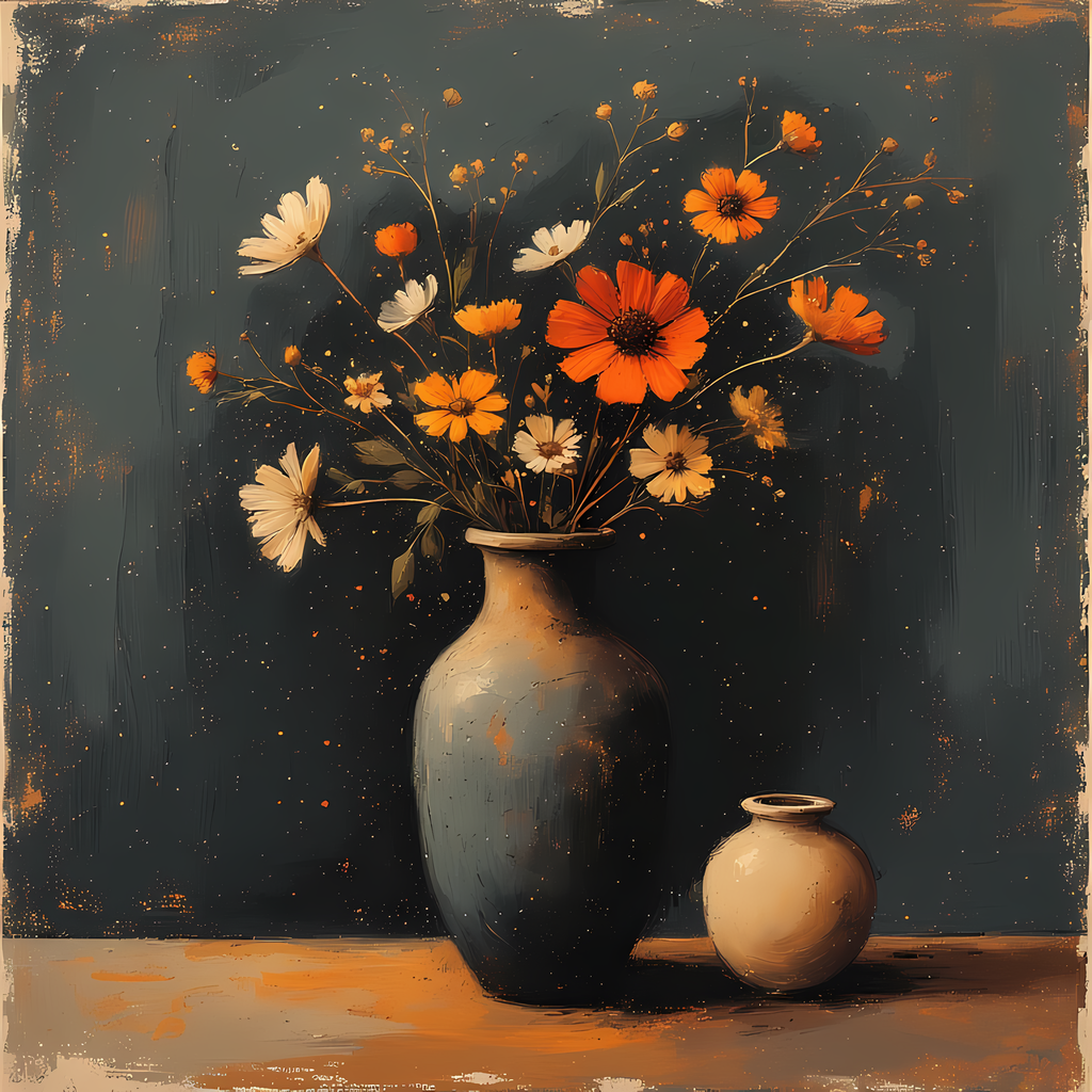 Floral Still Life Art Bundle: Painterly Impressionist Style for Home Decor. Elevate your space with this stunning collection of painterly impressionist still life artwork, featuring elegant floral arrangements in vases. With soft, earthy tones and a relax
