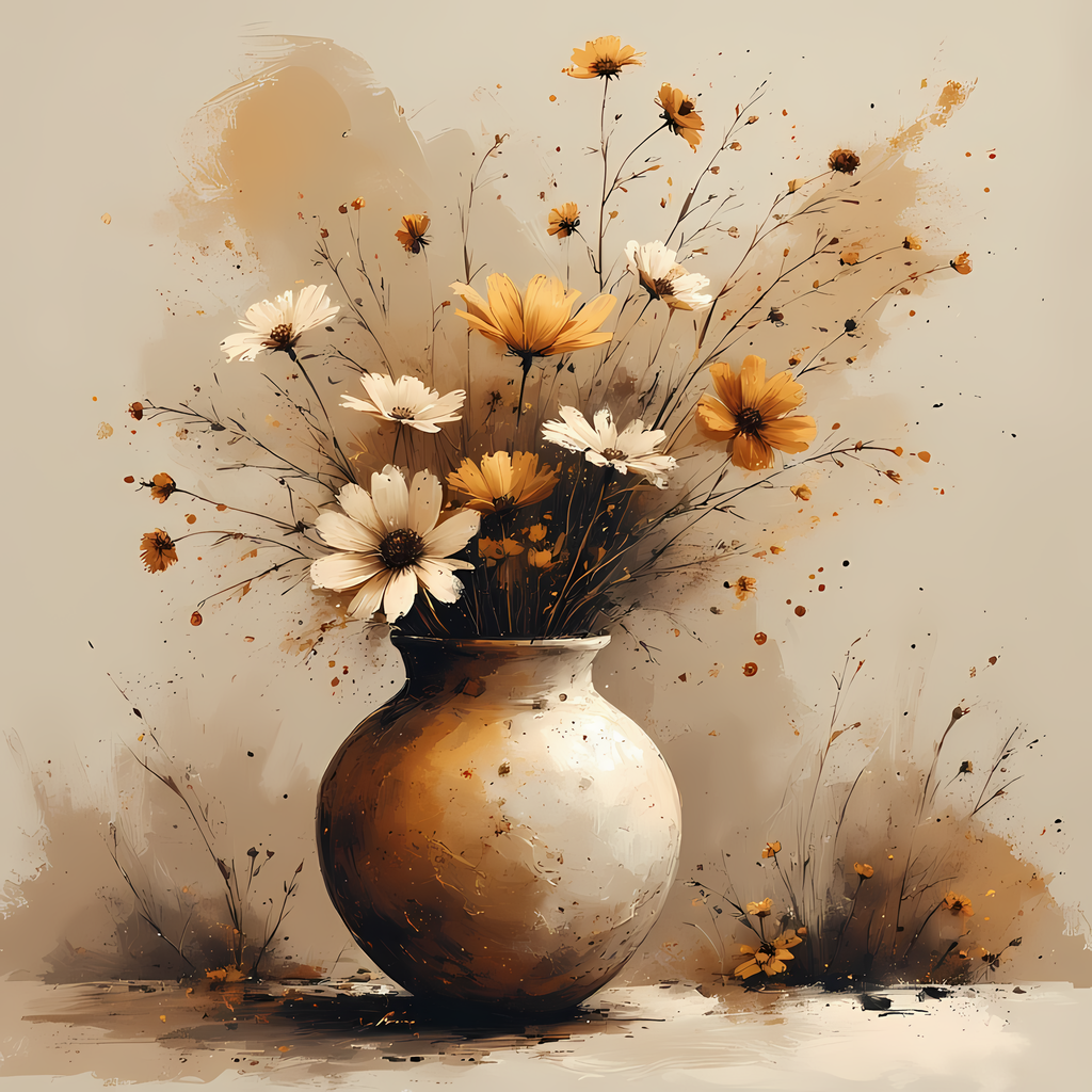 Floral Still Life Art Bundle: Painterly Impressionist Style for Home Decor. Elevate your space with this stunning collection of painterly impressionist still life artwork, featuring elegant floral arrangements in vases. With soft, earthy tones and a relax